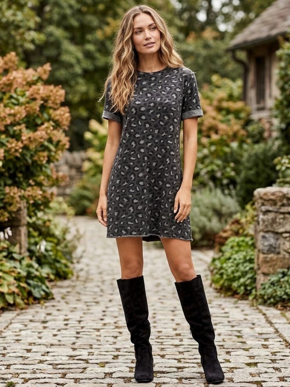 Gray Black leopard animal print shift dress boho festival casual Womens size M